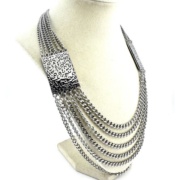 David Sigal Multichain Swirl Pattern Layered Silver Tone Designer 22” Necklace - Picture 2 of 8